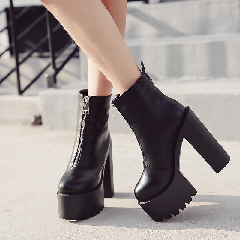 Knight Boots Autumn And Winter New European And American Trend Zipper Thick-Soled Super High-Heel Waterproof Platform Round Toe Boots