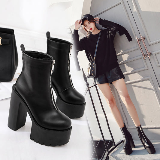 Autumn And Winter New European And American Trend Zipper Thick-Soled Super High-Heel Waterproof Platform Round Toe Boots