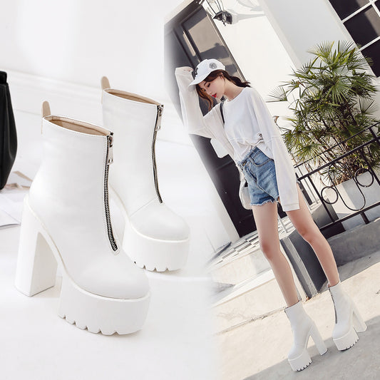 Autumn And Winter New European And American Trend Zipper Thick-Soled Super High-Heel Waterproof Platform Round Toe Boots