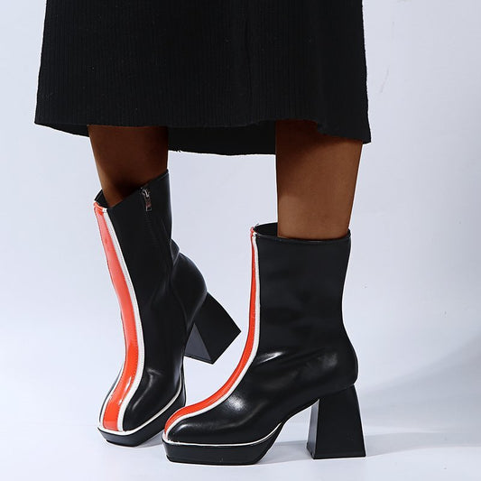 European and American square head waterproof platform thick heel color matching female catwalk short boots British style thick-soled side zipper high-heeled boots on behalf of