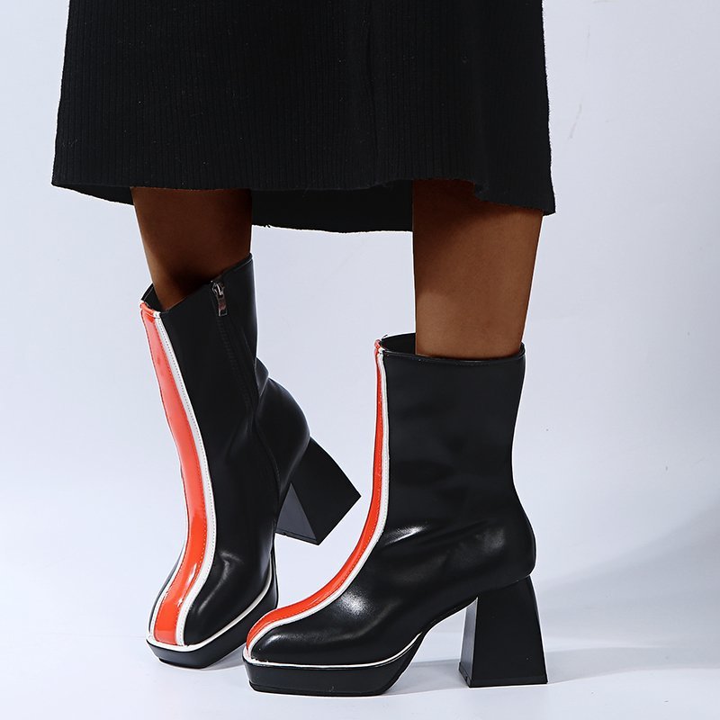 European and American square head waterproof platform thick heel color matching female catwalk short boots British style thick-soled side zipper high-heeled boots on behalf of