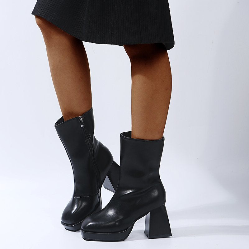 European and American square head waterproof platform thick heel color matching female catwalk short boots British style thick-soled side zipper high-heeled boots on behalf of