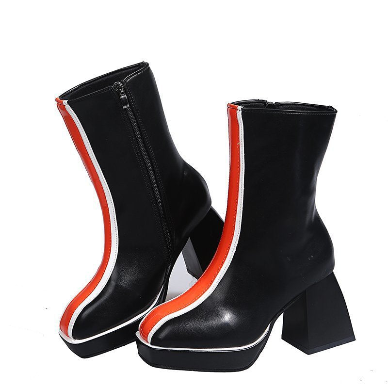 European and American square head waterproof platform thick heel color matching female catwalk short boots British style thick-soled side zipper high-heeled boots on behalf of
