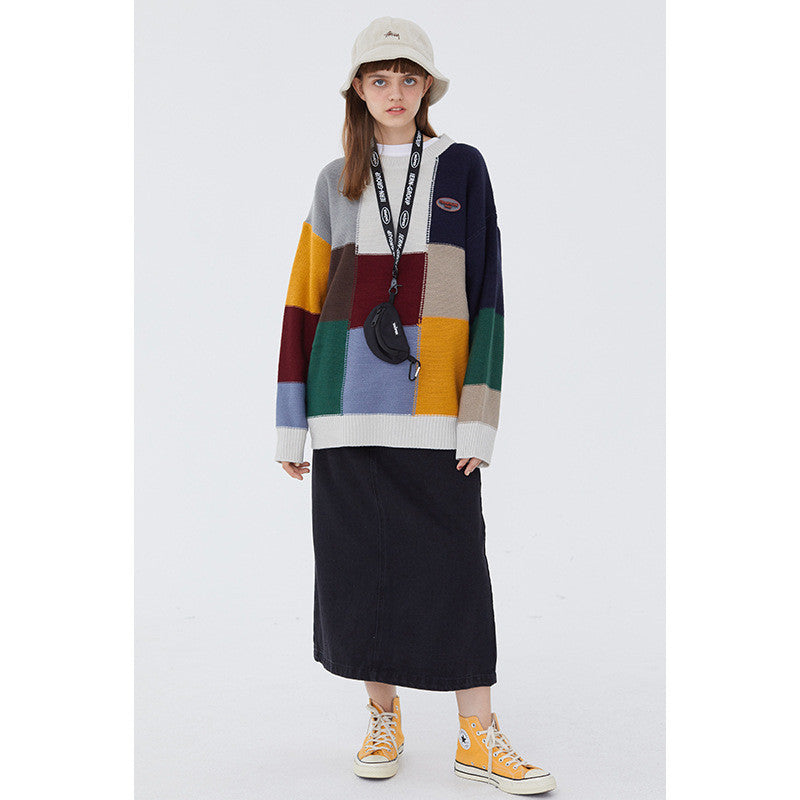 HeyHenry Sweater Female Retro Small Color Matching Korean Young Couple Hong Kong Style Art Bf Sweater Autumn