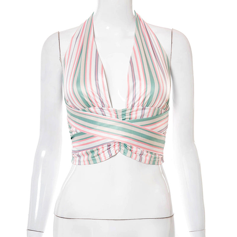 European And American New Style Women's Halter Neck Stripe Halter Umbilical Tie Casual Blouse T-shirt