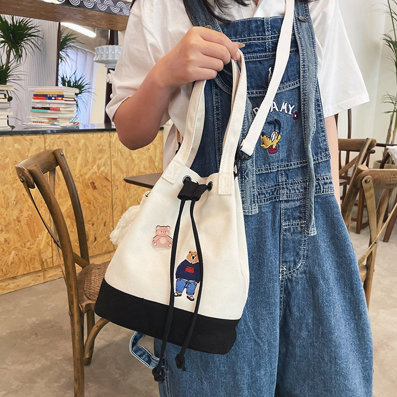 Cute And Cute Cartoon Embroidery Bear Drawstring Bucket Bag Soft Girl Student Canvas Bag