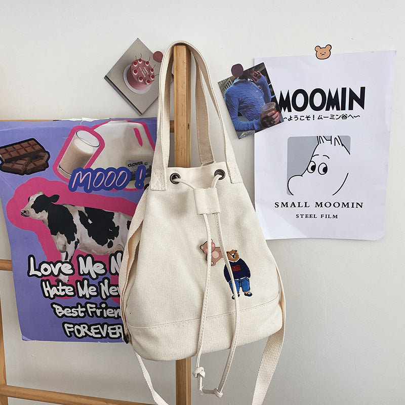 Cute And Cute Cartoon Embroidery Bear Drawstring Bucket Bag Soft Girl Student Canvas Bag