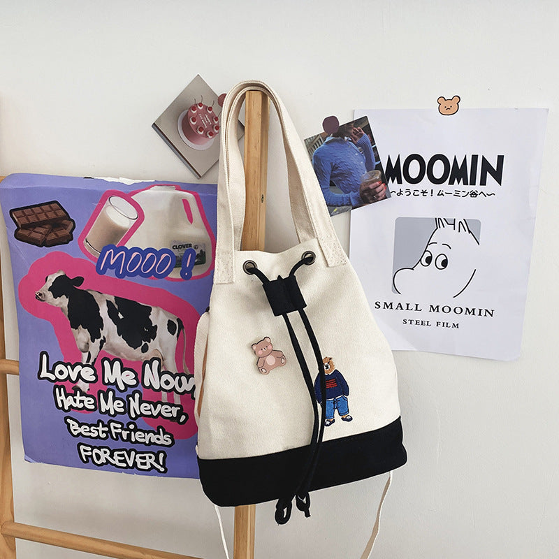 Cute And Cute Cartoon Embroidery Bear Drawstring Bucket Bag Soft Girl Student Canvas Bag