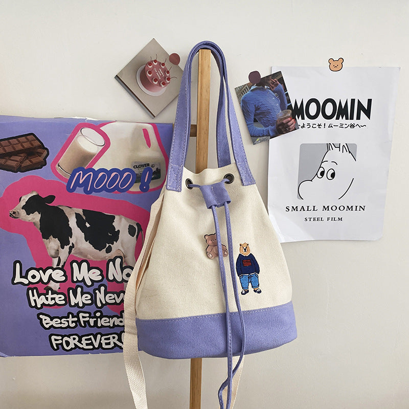 Cute And Cute Cartoon Embroidery Bear Drawstring Bucket Bag Soft Girl Student Canvas Bag