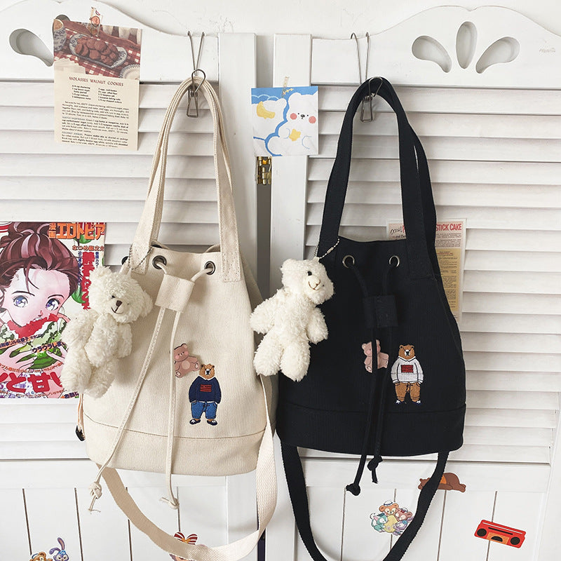 Cute And Cute Cartoon Embroidery Bear Drawstring Bucket Bag Soft Girl Student Canvas Bag