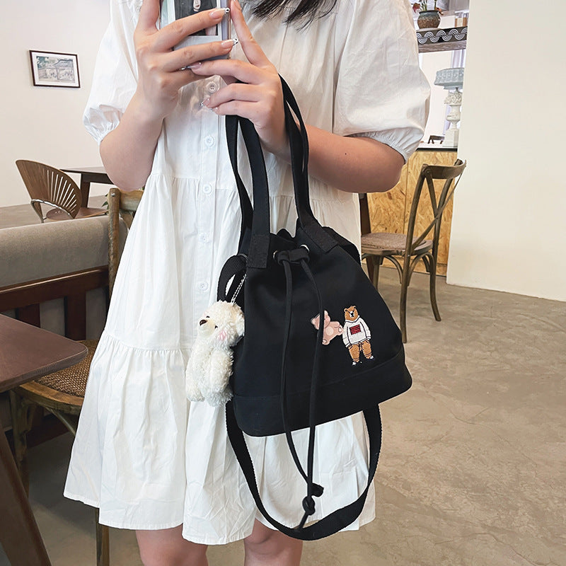 Cute And Cute Cartoon Embroidery Bear Drawstring Bucket Bag Soft Girl Student Canvas Bag
