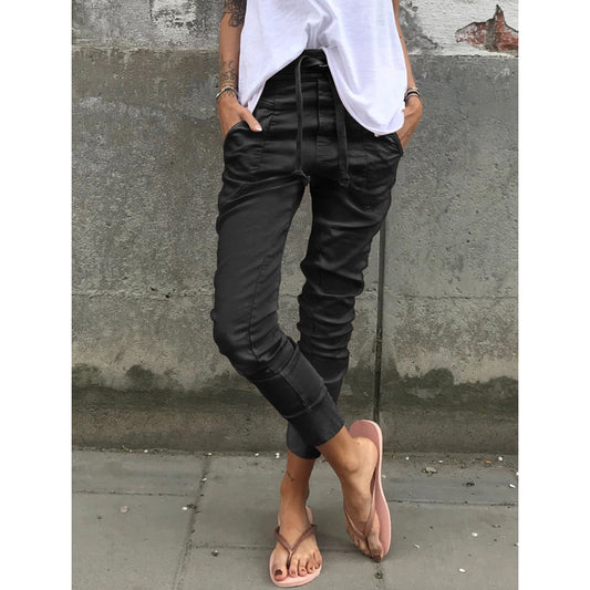 Casual Elastic Waist Micro Stretch Pocket Trousers