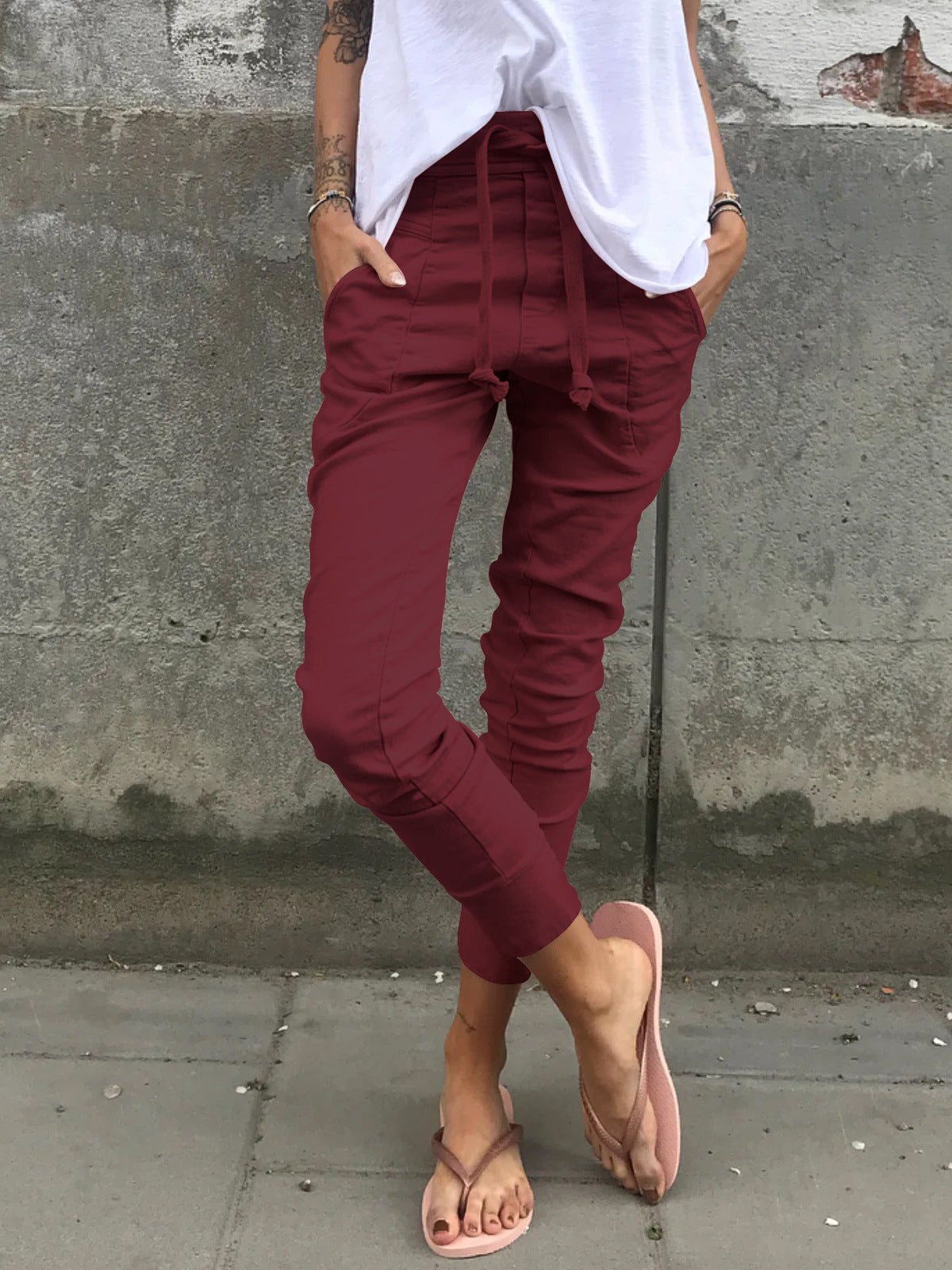 Casual Elastic Waist Micro Stretch Pocket Trousers