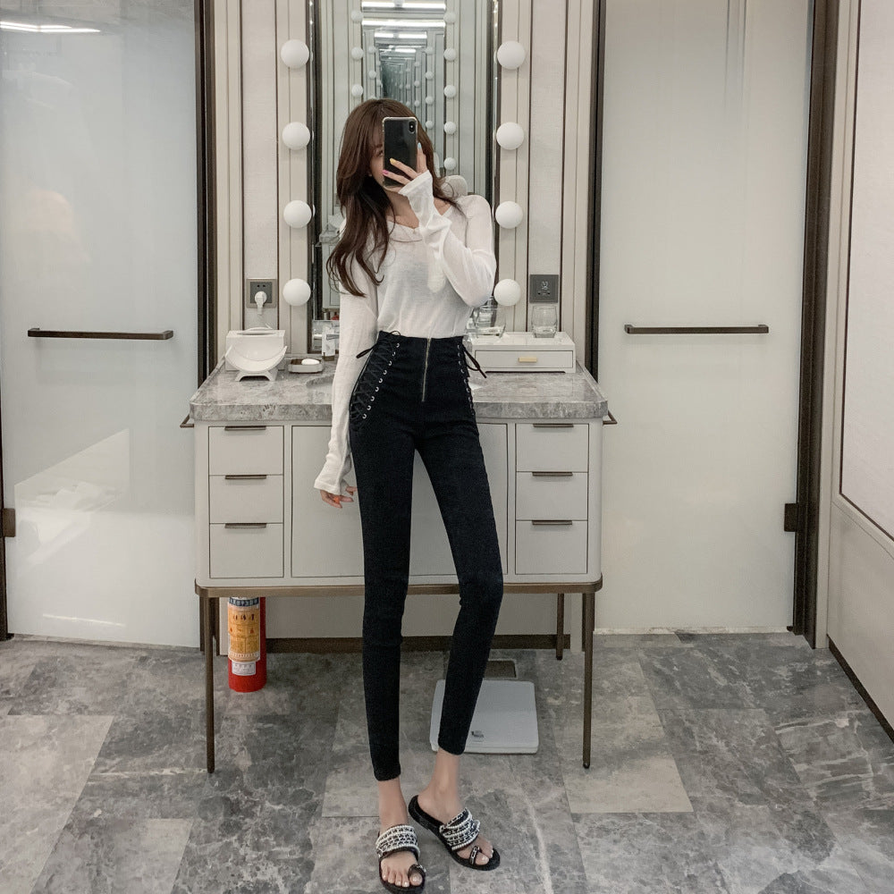 Women's High Waist Strappy Jeans Stretch Slim Fit