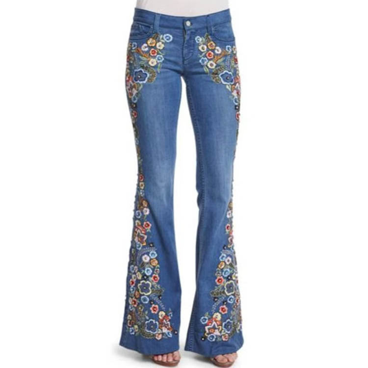Broderede slim-flared-bukser i vasket denim