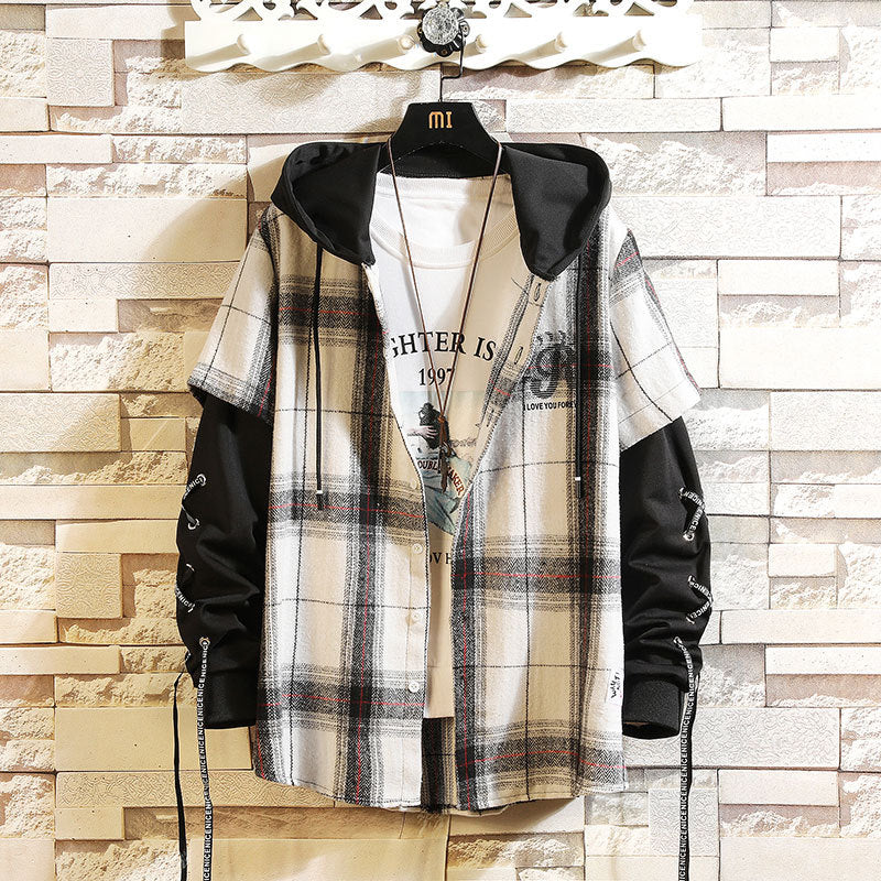 Men's Long-Sleeved Japanese Large Size Handsome Plaid Shirt
