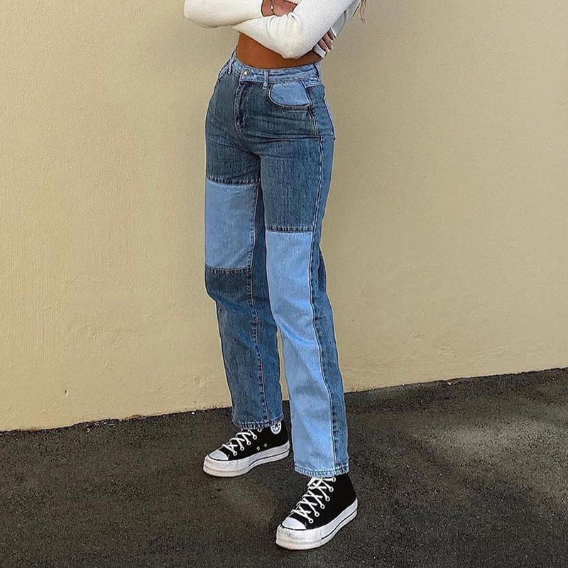 New Women's High-waisted Slim Color Matching Straight-leg Pants Women