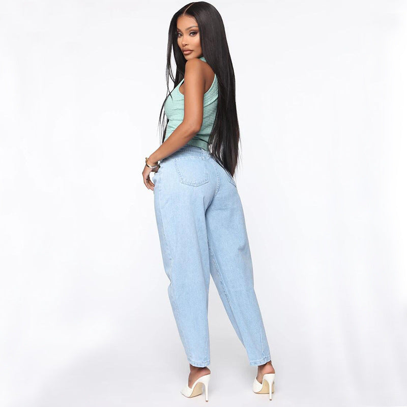 European And American Women's Light Blue Wide-leg Jeans