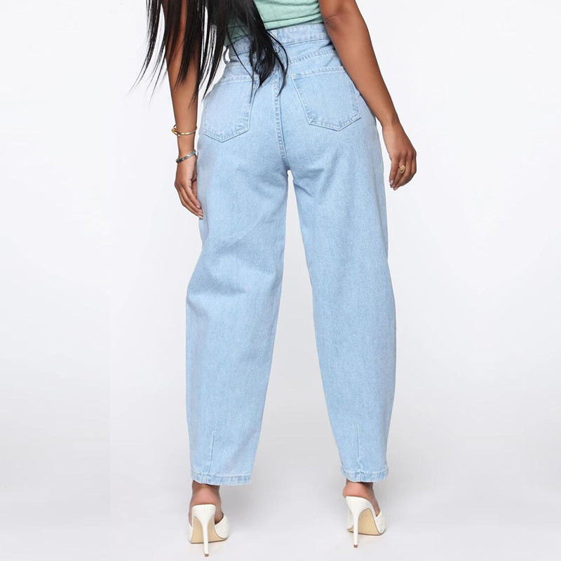 European And American Women's Light Blue Wide-leg Jeans