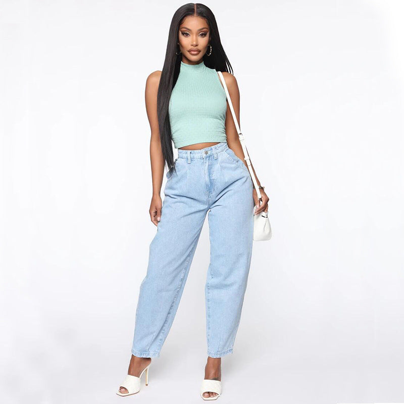 European And American Women's Light Blue Wide-leg Jeans