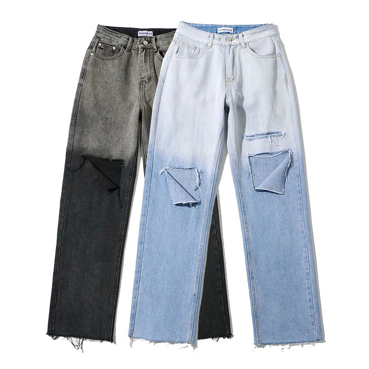 Street Hipster Boyfriend Style Personality Ripped Jeans Spring New Women's Pants Fashion Gradient Color Design Straight Pants