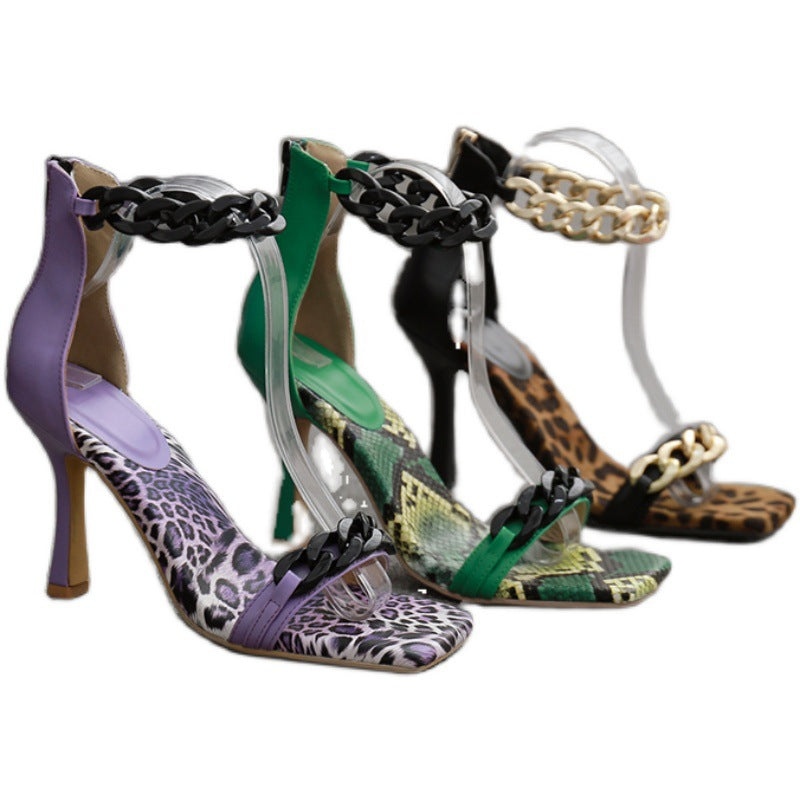 European And American Foreign Trade New Metal Chain One Word High Heel Sandals
