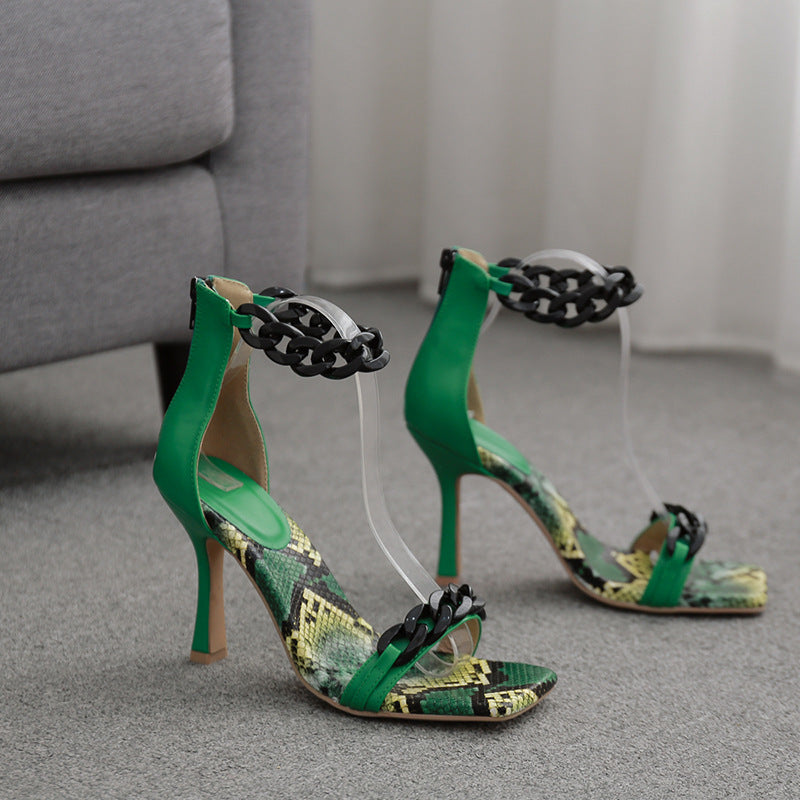 European And American Foreign Trade New Metal Chain One Word High Heel Sandals