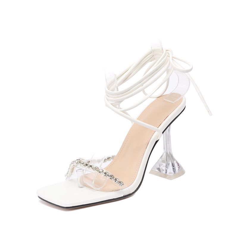 Rhinestone Square Toe Wineglass With Lace-Up Straps Plus Size 42 High-Heeled Sandals