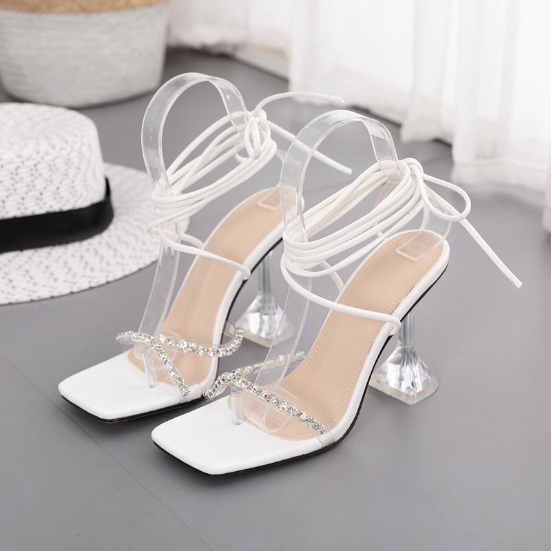 Rhinestone Square Toe Wineglass With Lace-Up Straps Plus Size 42 High-Heeled Sandals