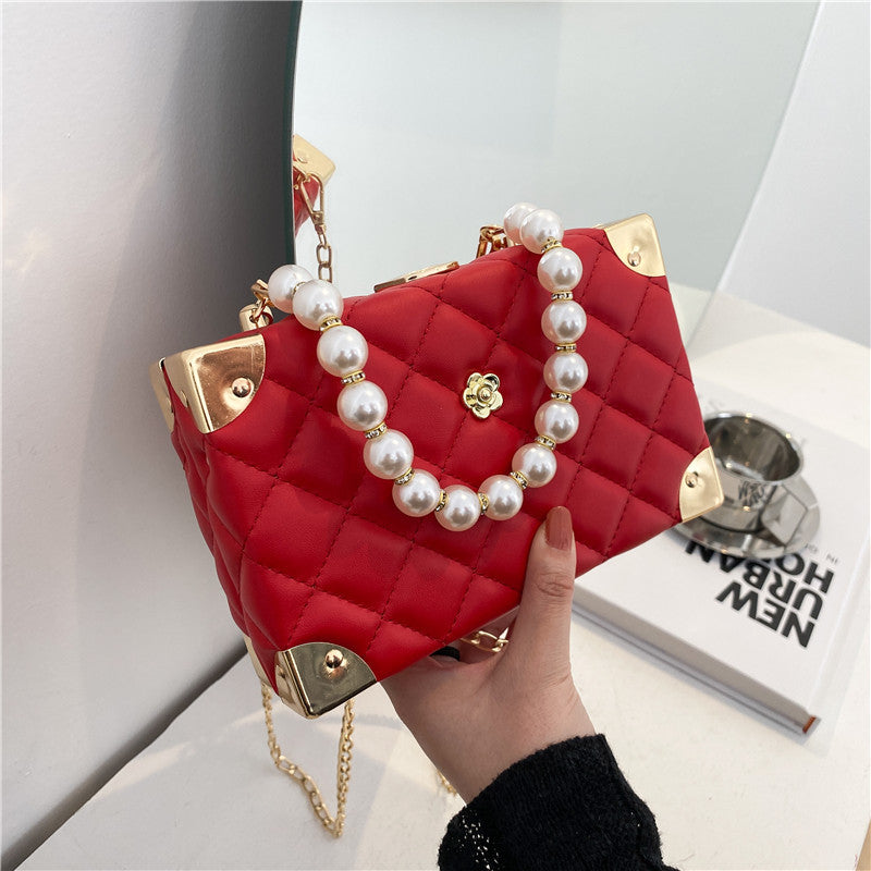 New Ladies Diamond Chain Bag Pearl Portable Diagonal Small Square Bag