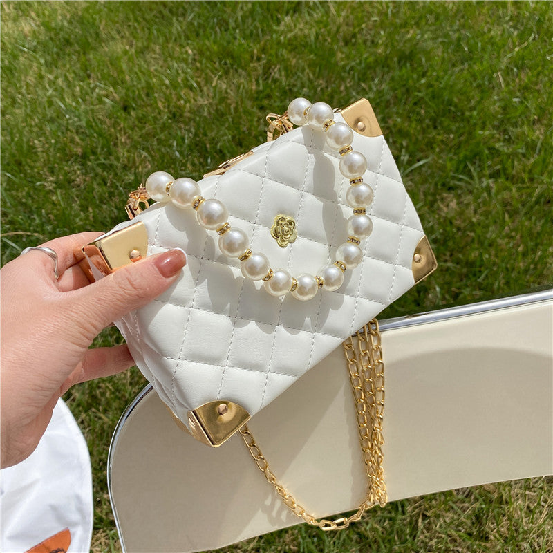 New Ladies Diamond Chain Bag Pearl Portable Diagonal Small Square Bag