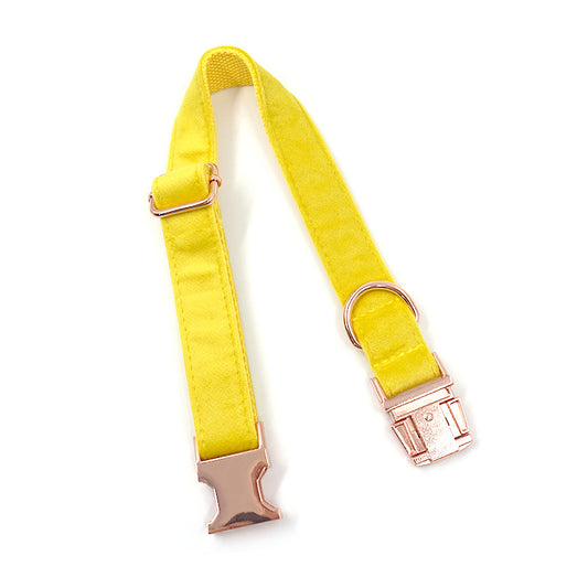 Rose Gold Buckle Yellow Velvet Dog Collar And Bow Tie Can Be Engraved Dog Collar Suit
