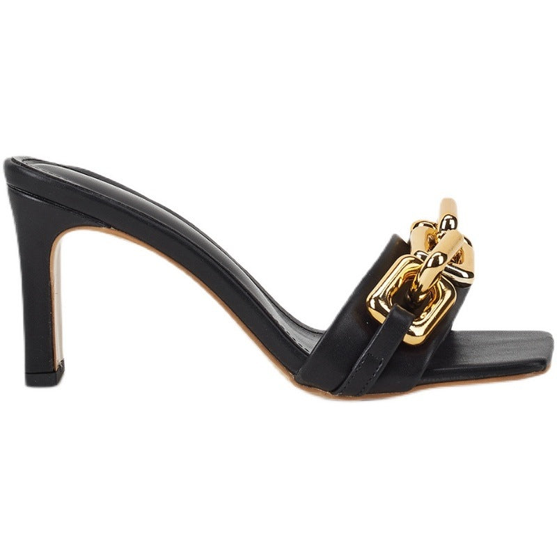Fashion High Heel Women Sandals All-match Temperament Metal Chain  Toe Sandals And Slippers