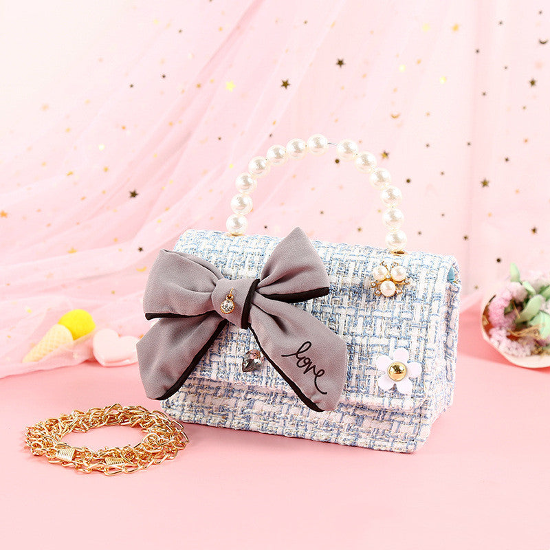 Fashionable Diamond Water Drop Big Bow Knot Portable Pearl Diagonal Children's Bag