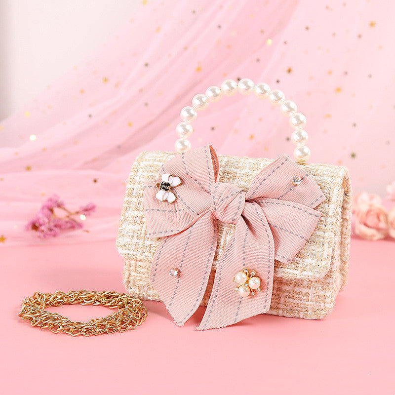 Fashionable Diamond Water Drop Big Bow Knot Portable Pearl Diagonal Children's Bag