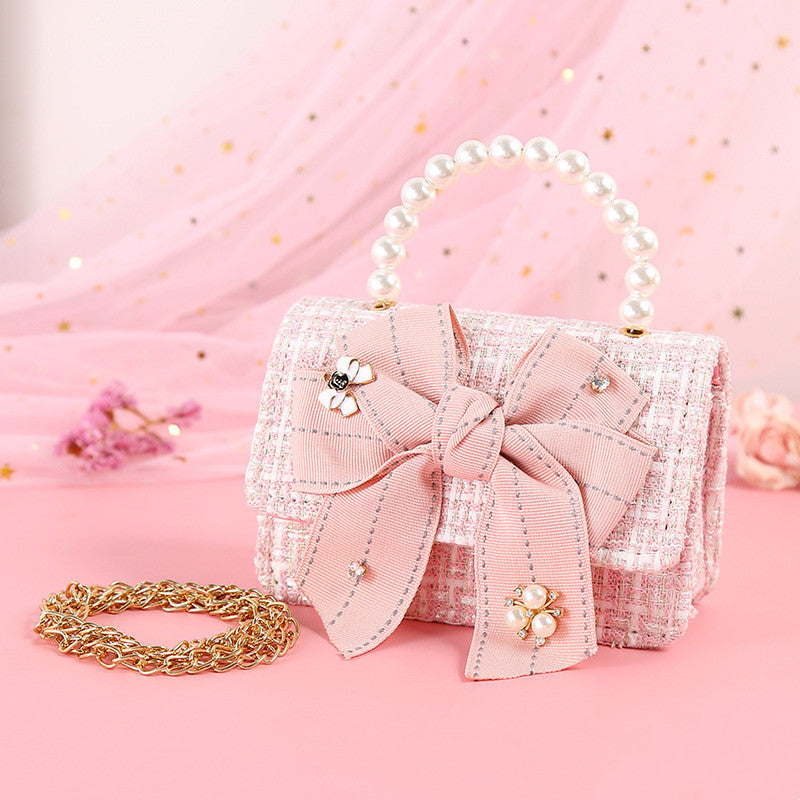 Fashionable Diamond Water Drop Big Bow Knot Portable Pearl Diagonal Children's Bag