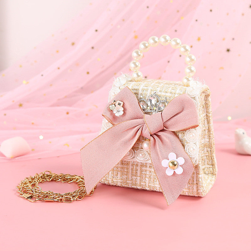 Fashionable Diamond Water Drop Big Bow Knot Portable Pearl Diagonal Children's Bag