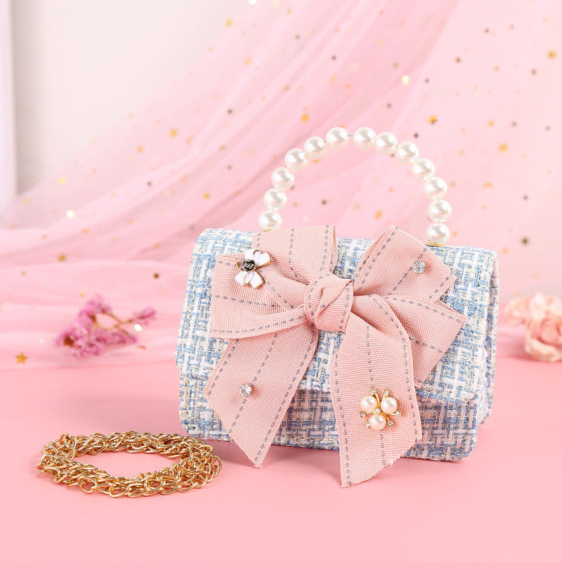 Fashionable Diamond Water Drop Big Bow Knot Portable Pearl Diagonal Children's Bag