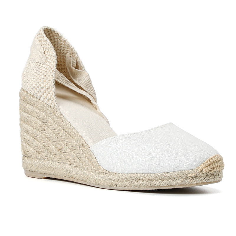 Women'S Soil Sandals New Lace-Up High-Heeled Straw Woven Wedge Sandals With Straps