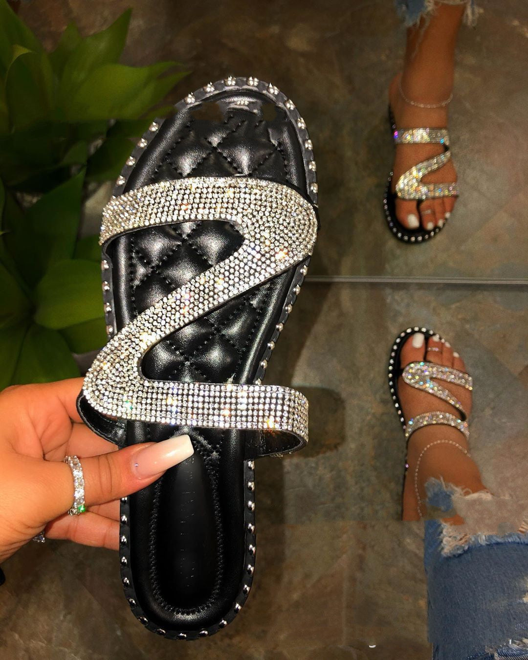 Flat Bottom Round Head Rhinestone Car Stitching Large Size Sandals And Slippers
