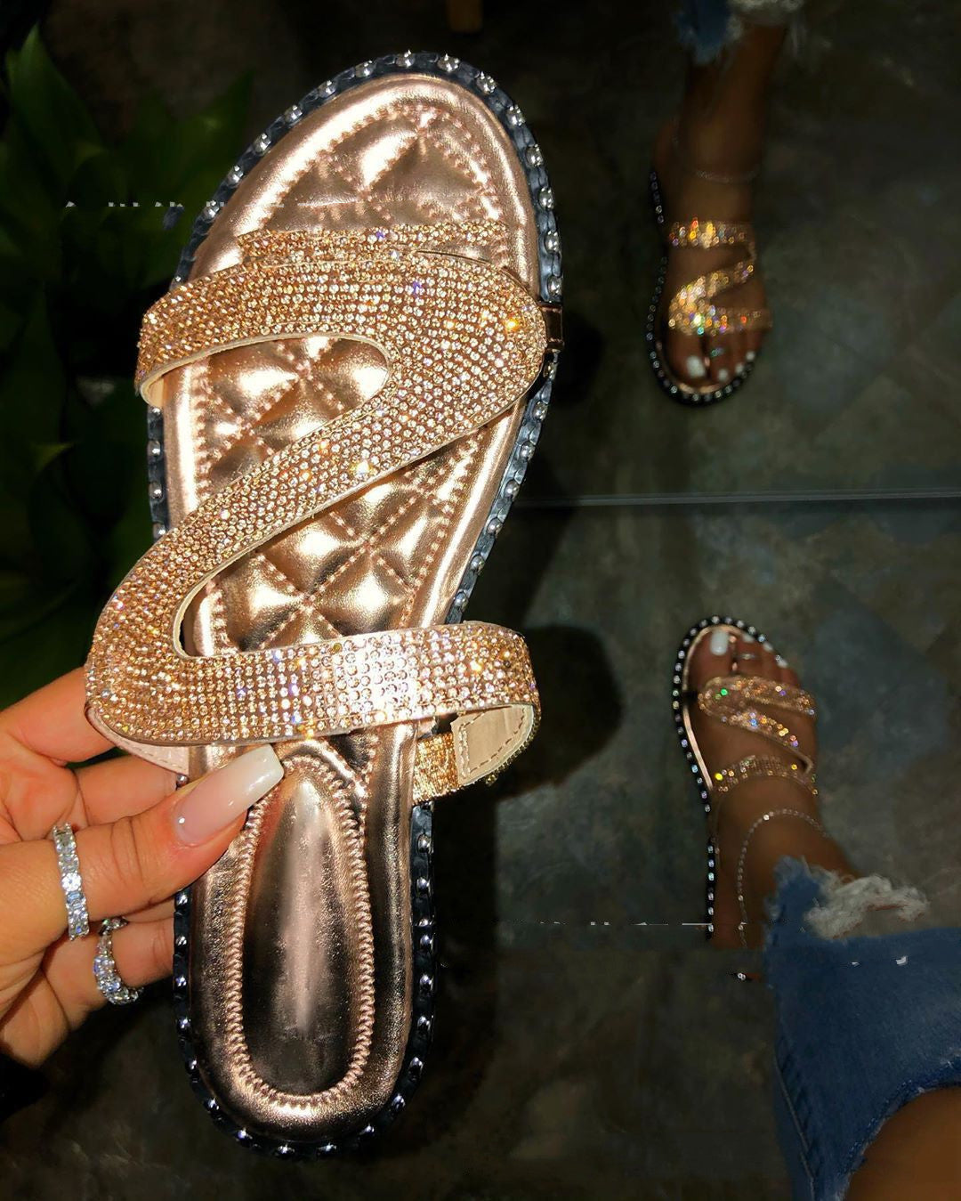 Flat Bottom Round Head Rhinestone Car Stitching Large Size Sandals And Slippers