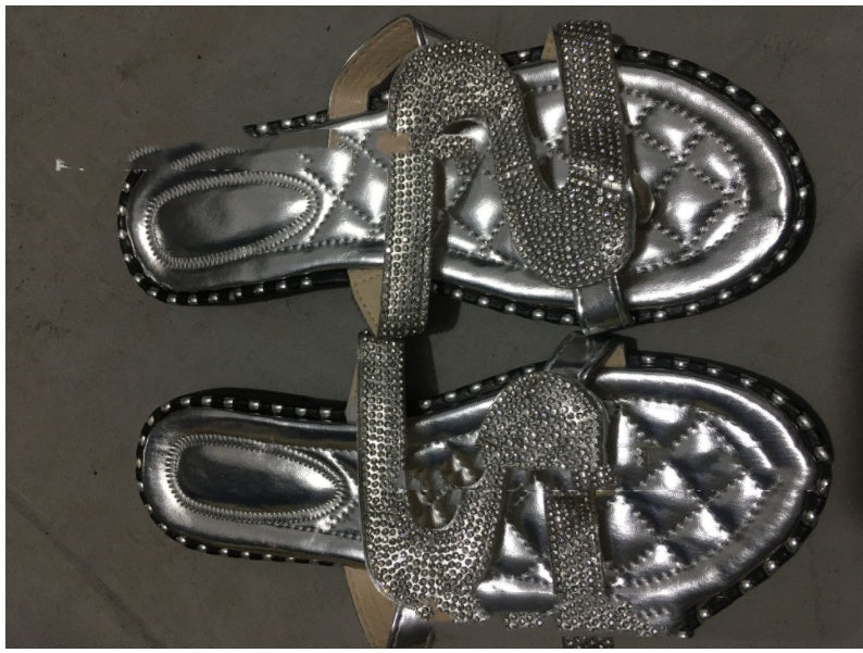 Flat Bottom Round Head Rhinestone Car Stitching Large Size Sandals And Slippers