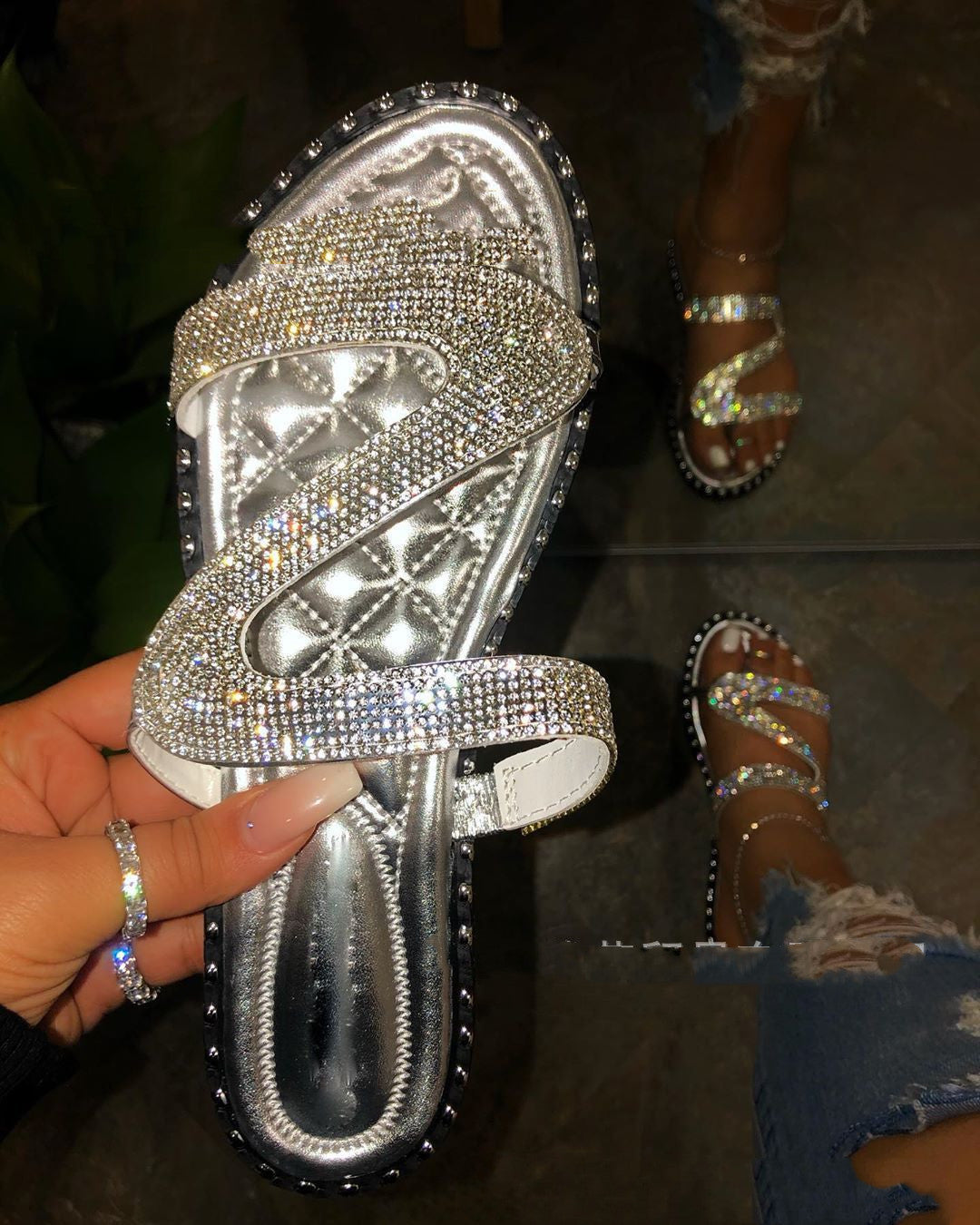 Flat Bottom Round Head Rhinestone Car Stitching Large Size Sandals And Slippers