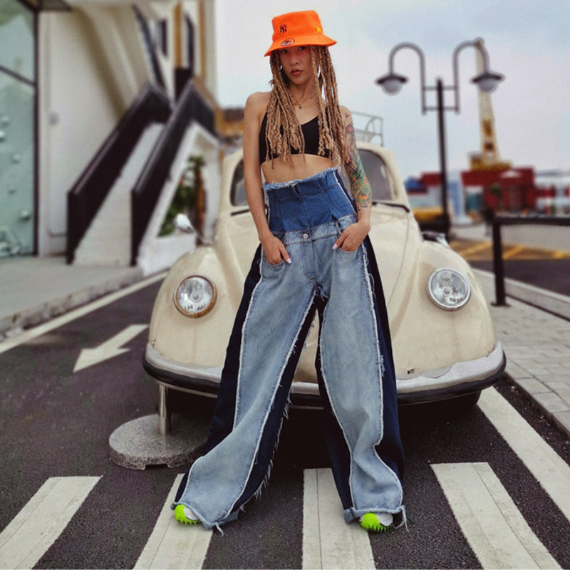 Jeans Women's Fall New High Waist Loose Thin Color Matching Trousers Flared Pants Mopping Pants Trend