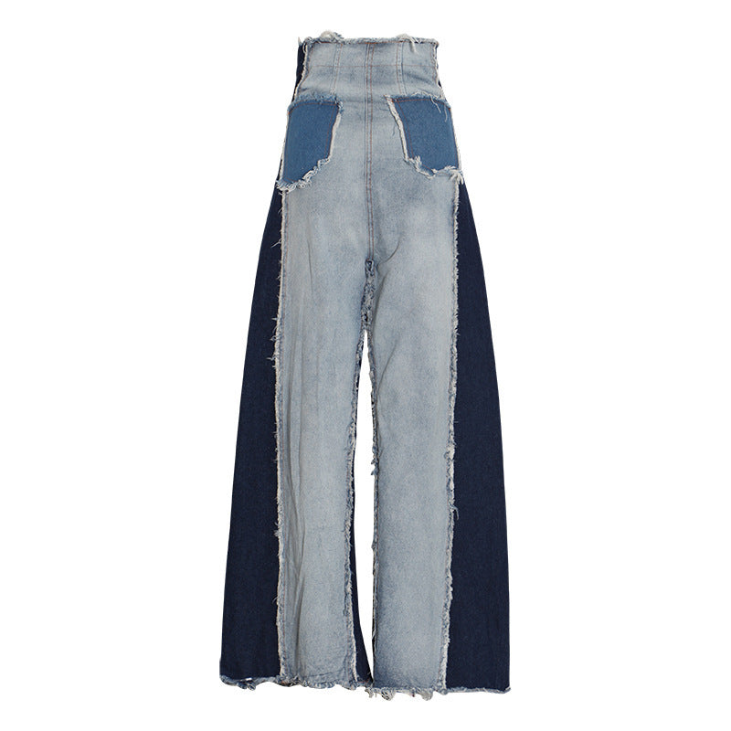Jeans Women's Fall New High Waist Loose Thin Color Matching Trousers Flared Pants Mopping Pants Trend