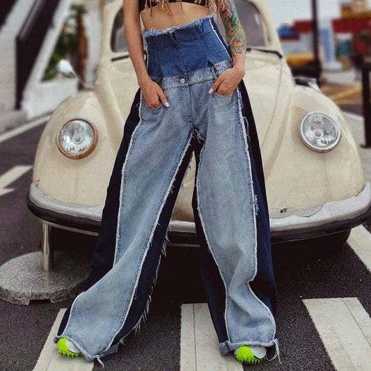 Jeans Women's Fall New High Waist Loose Thin Color Matching Trousers Flared Pants Mopping Pants Trend