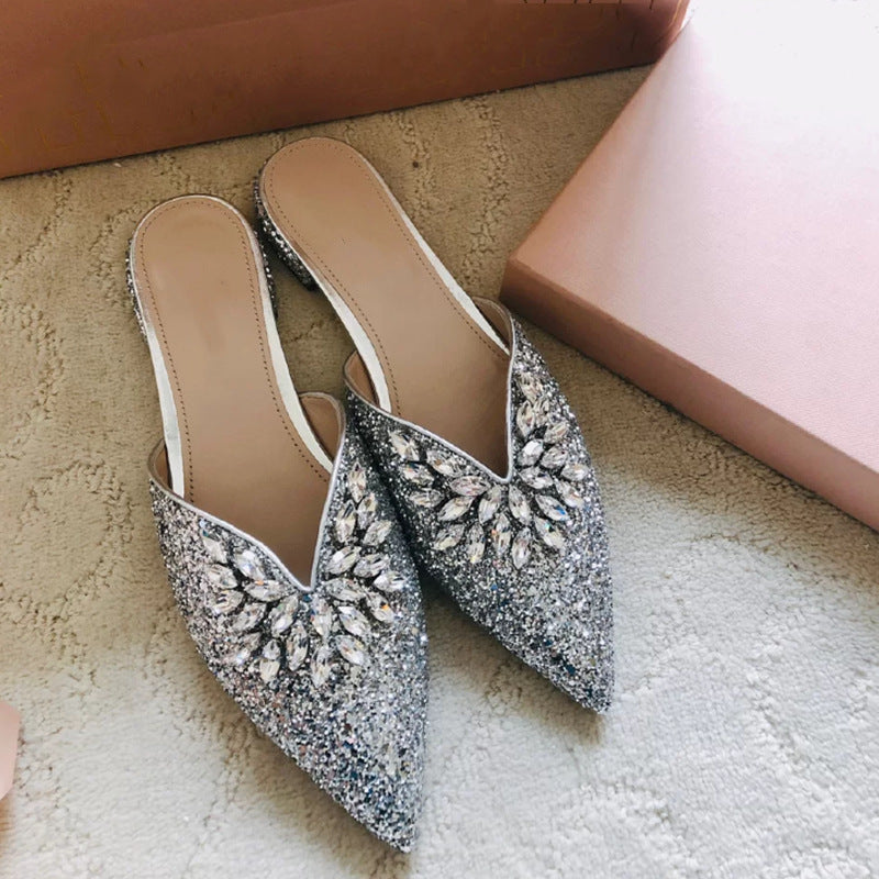 New Semi-Drag Rhinestone Sequined Pointed Toe Women'S Sandals And Slippers