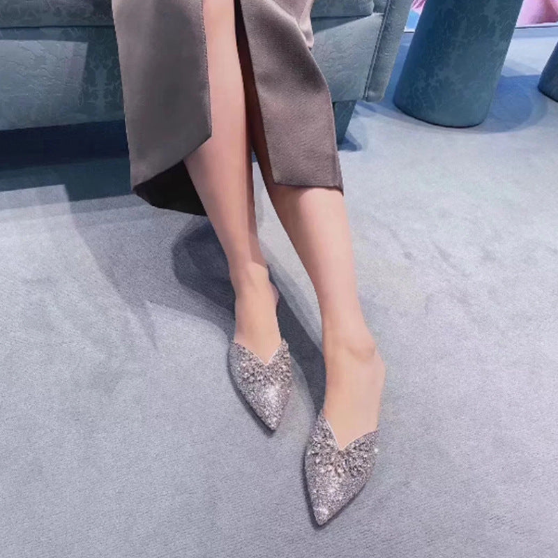 New Semi-Drag Rhinestone Sequined Pointed Toe Women'S Sandals And Slippers
