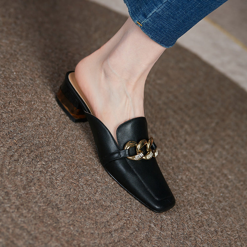 Top Layer Cowhide Square Head Low Heel Metal Chain Sandals