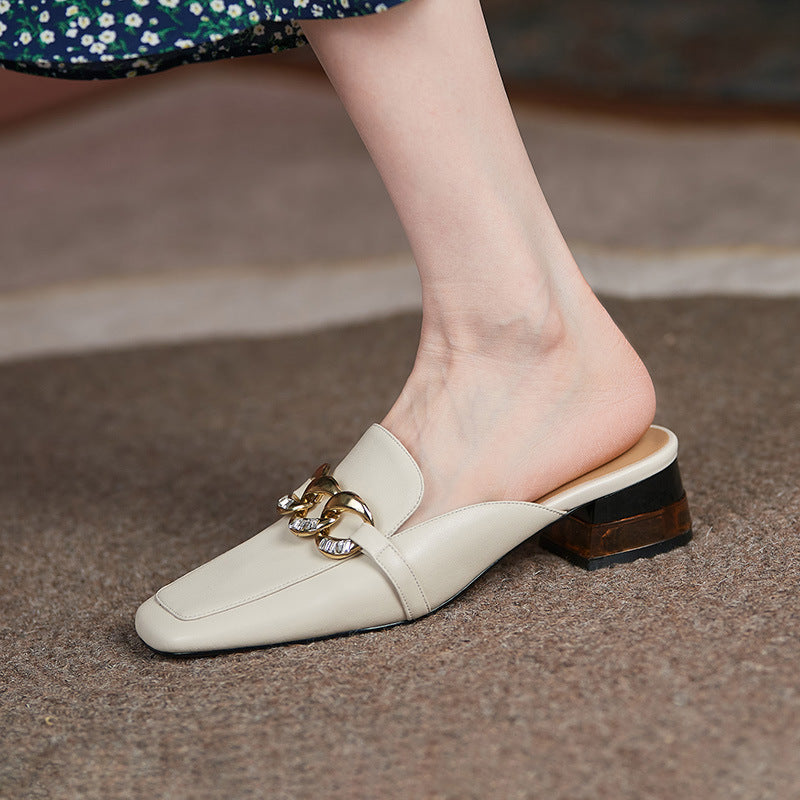 Top Layer Cowhide Square Head Low Heel Metal Chain Sandals